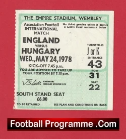 England v Hungary 1978 - Match Ticket - football memorabilia