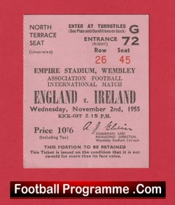 England v Ireland 1955 - Football Ticket 1950's - football memorabilia