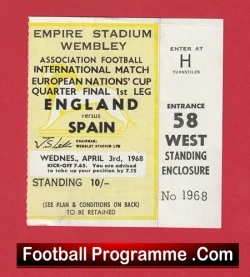 England v Spain 1968 - Match Ticket - football memorabilia