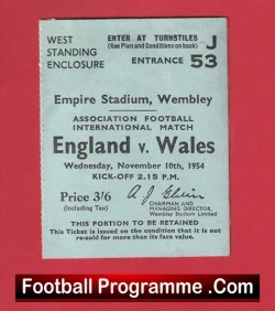 England v Wales 1954 - Match Ticket - football memorabilia