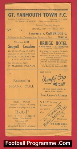 Great Yarmouth Town v Cambridge City 1959 - football programme