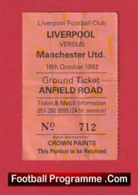 Liverpool v Manchester United 1982 – Football Ticket Anfield Road