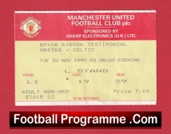 Manchester United v Glasgow Celtic 1990 Bryan Robson Testimonial Ticket - football memorabilia