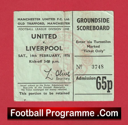 Manchester United v Liverpool 1976 - Football Match Ticket - Image 2