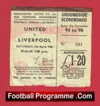 Manchester United v Liverpool 1980 – Man Utd Ticket 80’s