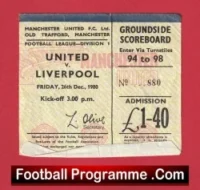 Manchester United v Liverpool 1980 – Man Utd Ticket 1980s