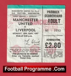 Manchester United v Liverpool 1987 - Match Ticket - football memorabilia