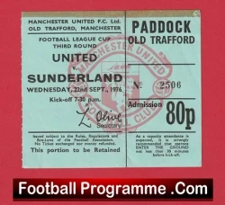 Manchester United v Sunderland 1976 - Match Ticket League Cup - football memorabilia
