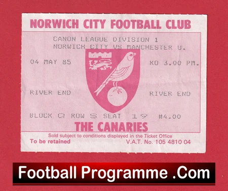 Norwich City v Manchester United 1985 - Match Ticket - Image 2