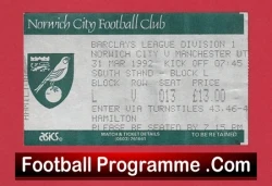 Norwich City v Manchester United 1992 - Match Ticket - football memorabilia