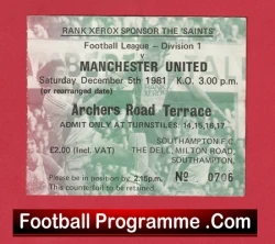 Southampton v Manchester United 1981 - Old Football Ticket - football memorabilia