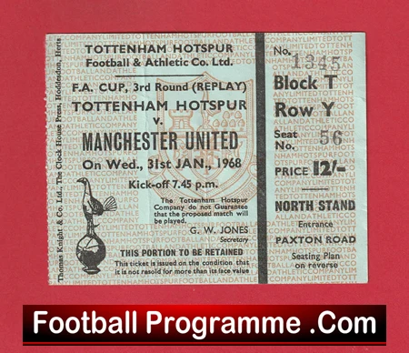 Tottenham Hotspur v Manchester United 1968 - Ticket FA Cup Replay - Image 2