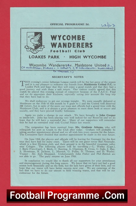Wycombe Wanderers v Maidstone United 1963 - Single Sheet Programme - Image 2