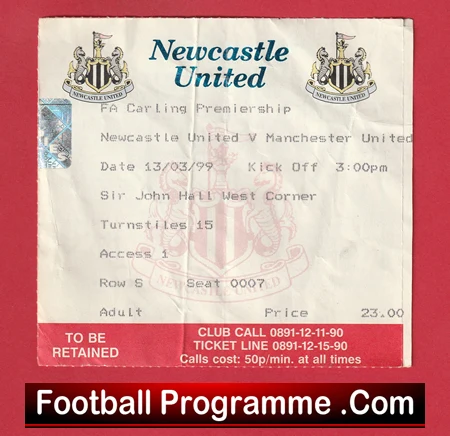 Newcastle United v Manchester United 1999 - Treble Season Match Ticket - Image 2