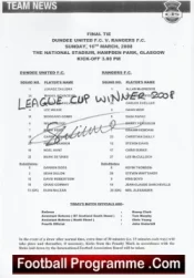 Dundee United v Glasgow Rangers 2008 – Cup Final Signed Team Sheet