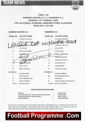Dundee United v Glasgow Rangers 2008 – Cup Final Signed Team Sheet