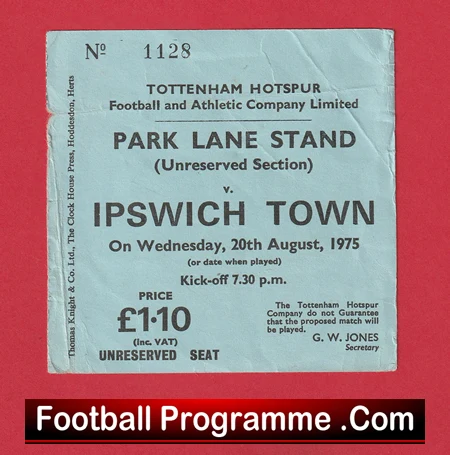 Tottenham Hotspur v Ipswich Town 1975 - Old Football Tickets - Image 2