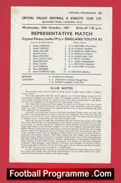 Crystal Palace v England Youth 1967 - R James Manchester United - football programme