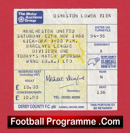 Derby County v Manchester United 1988 - Football Ticket - Image 2