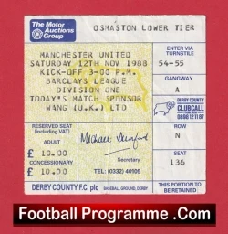 Derby County v Manchester United 1988 - Football Ticket - football memorabilia