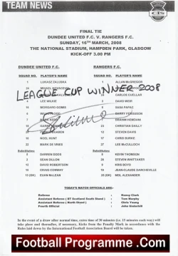 Dundee United v Glasgow Rangers 2008 - Cup Final Signed Team Sheet - football memorabilia