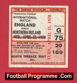 England v Northern Ireland 1970 Ticket 100th Cap Bobby Charlton + George Best - football memorabilia