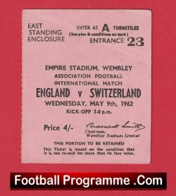 England v Switzerland 1962 - Match Ticket - football memorabilia