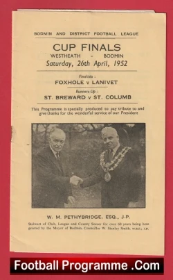 Foxhole v Lanivet 1952 - St Breward v St Columd Bodmin Cup Final - football programme