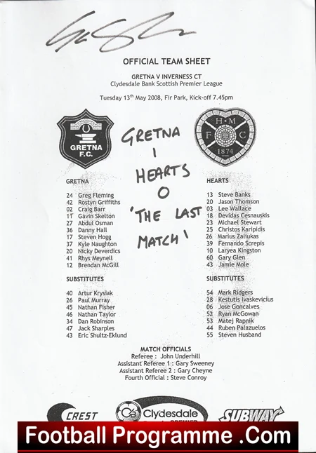 Gretna v Heart Of Midlothian Hearts 2008 - Last Match Signed Team Sheet - Image 2