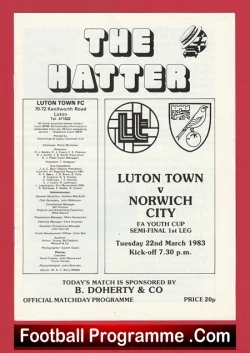 Luton Town v Norwich City 1983 - FA Youth Cup Semi Final 1st Leg - football programme