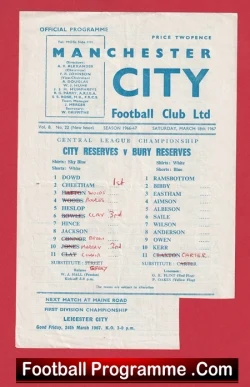 Manchester City v Bury 1967 - Reserves Match - football programme