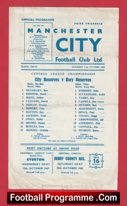 Manchester City v Bury 1969 - Reserves Match + Tony Towers - football programme