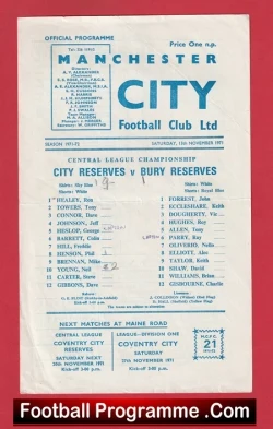 Manchester City v Bury 1971 - Reserves Match + Tony Towers - football programme