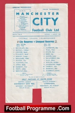 Manchester City v Liverpool 1969 - Reserves Match + Donachie + Evans - football programme