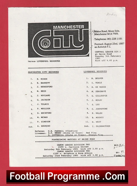 Manchester City v Liverpool 1985 - Reserves Match + Steve Redmond - Image 2