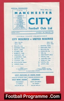 Manchester City v Manchester United 1972 - Reserves Match + Brian Greenhoff - football programme