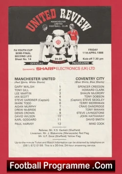 Manchester United v Coventry City 1986 - Youth Cup Semi Final - football programme