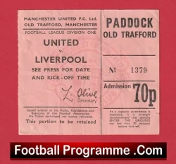 Manchester United v Liverpool 1970's - Football Ticket 1970s - football memorabilia