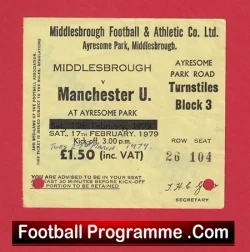 Middlesbrough v Manchester United 1979 - Football Ticket - football memorabilia