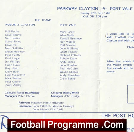 Parkway Clayton v Port Vale 1986 - Multi Signed Autographed - football programme