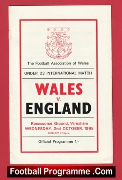 Wales v England 1968 - Under 23 at Wrexham - football programme