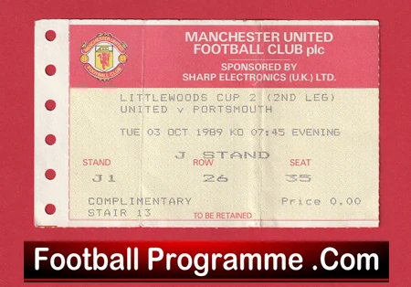 Manchester United v Portsmouth 1989 - League Cup Match Ticket - Image 2