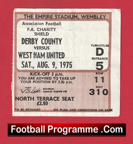 West Ham United v Derby County 1975 - FA Charity Shield Match Ticket - Image 2