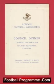 London Football Association Council Dinner Menu 1939 Holborn