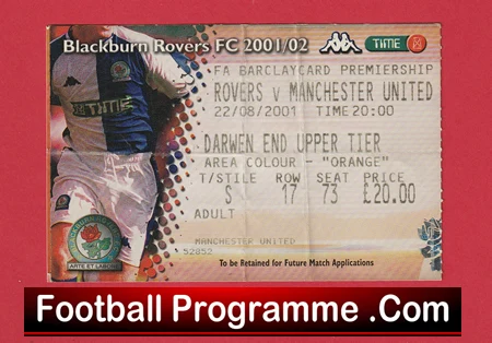 Blackburn Rovers v Manchester United 2001 - Football Ticket - Image 2