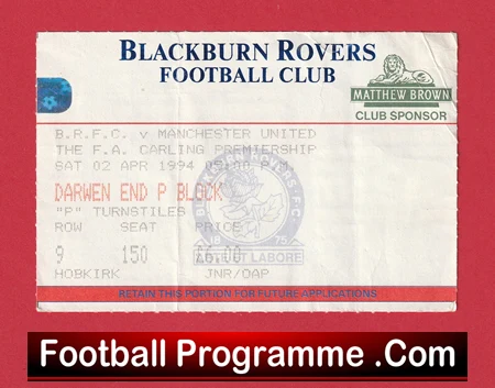 Blackburn Rovers v Manchester United 1994 - Match Ticket - Image 2