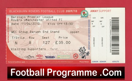 Blackburn Rovers v Manchester United 2010 - Football Ticket - Image 2