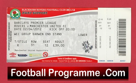 Blackburn Rovers v Manchester United 2012 - Match Ticket - Image 2
