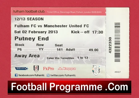 Fulham v Manchester United 2013 - Football Ticket - Image 2