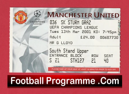 Manchester United v Sturm Graz 2001 - Match Ticket - Image 2